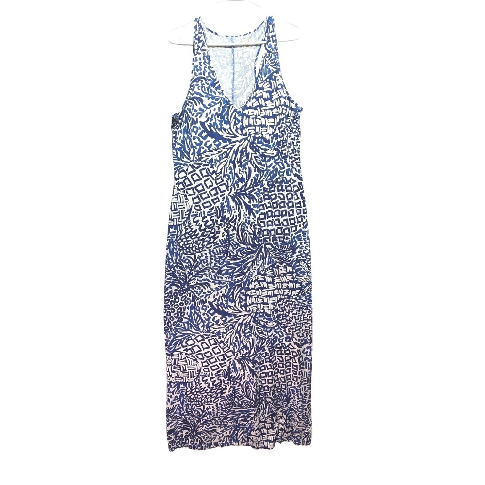 Lilly Pulitzer Abstract Tropical Maxi Dress Womens M Pima Cottton Tank Slit Blue